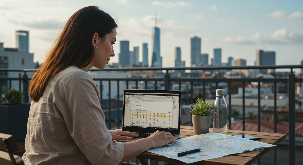 Budget travel digital nomad working from rooftop with travel expenses spreadsheet and local map