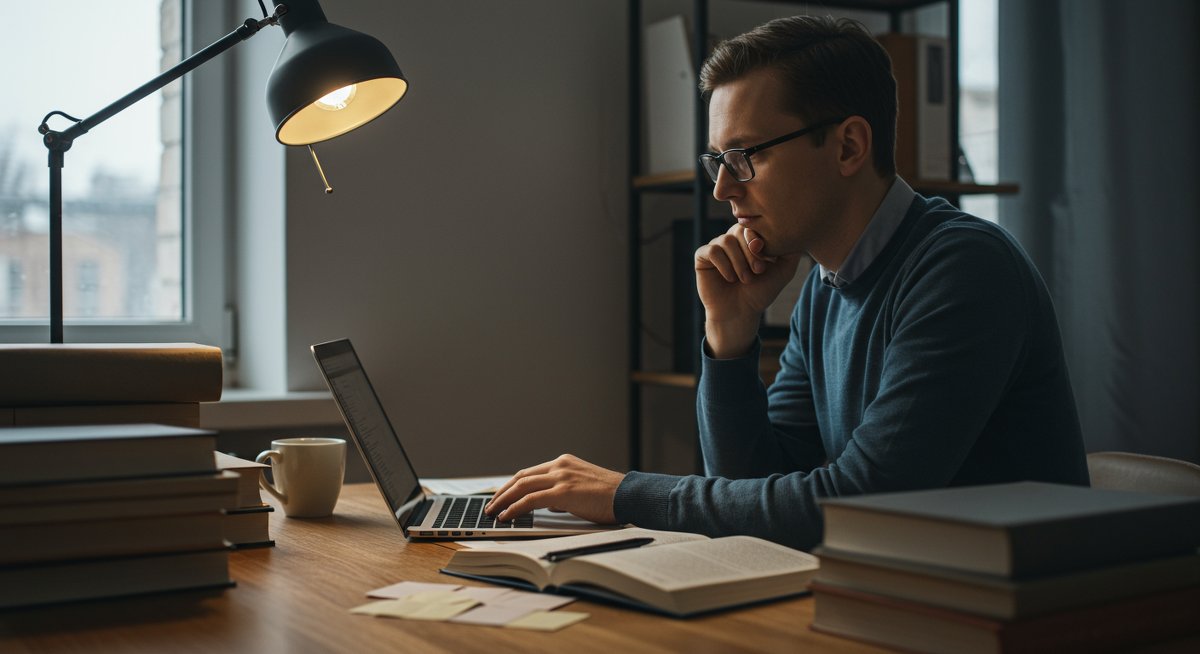 Adult learner using modern study techniques in a professional workspace with books and laptop