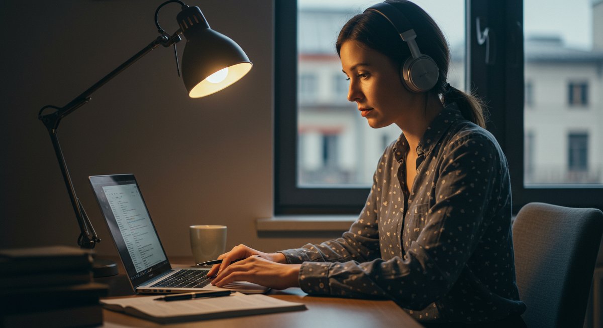 Adult learner overcoming procrastination with focused study session in workspace