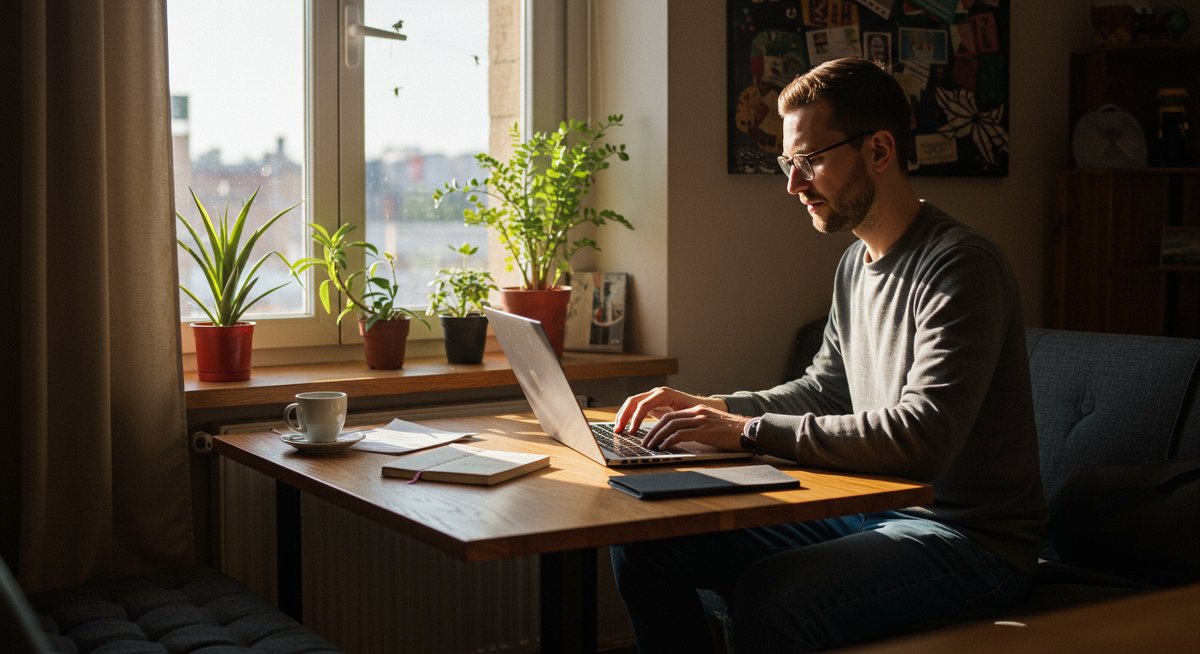Digital nomad budget travel guide illustration - working from a hostel with travel planning essentials