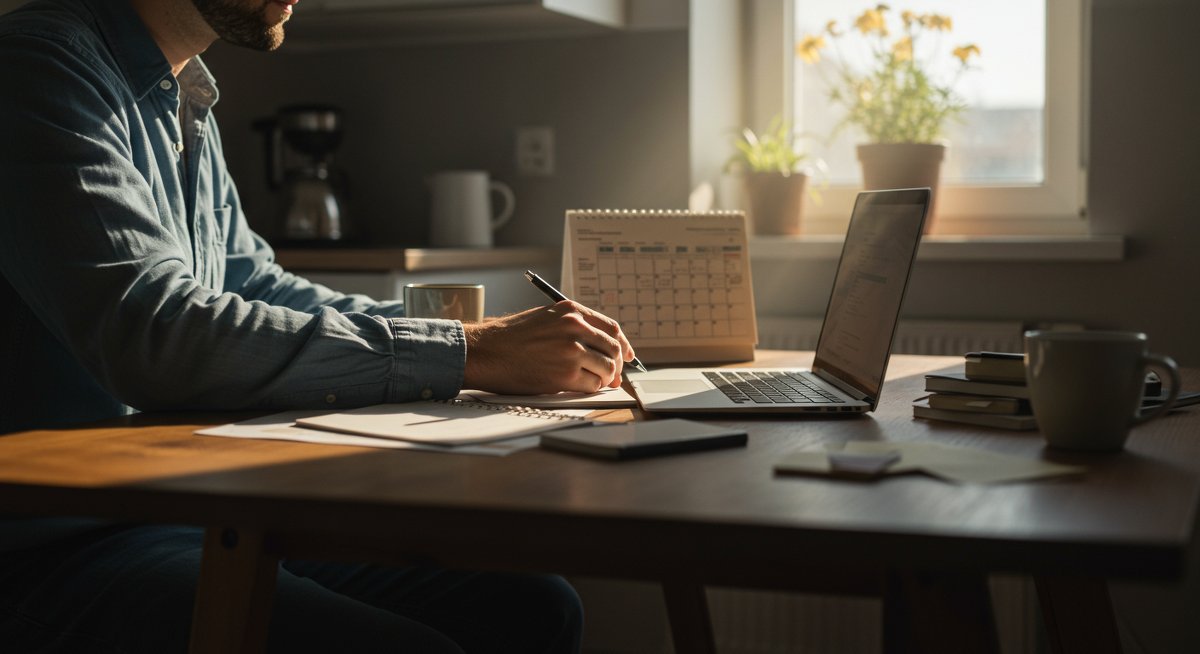 Minimalist finances: Debt-free journey 2025 - Practical budgeting with laptop, coffee, and notes in clean kitchen setting