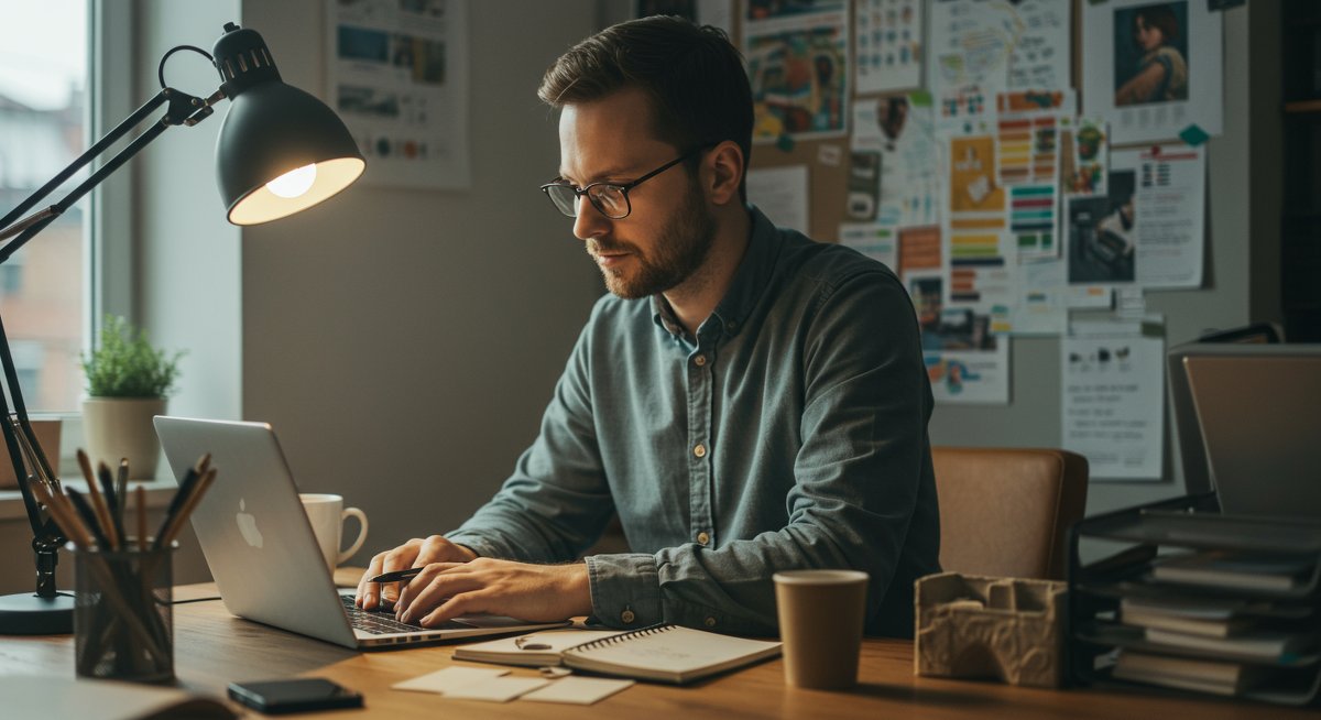 Professional mid-career man working on side hustle ideas with sustainable supplies in modern workspace