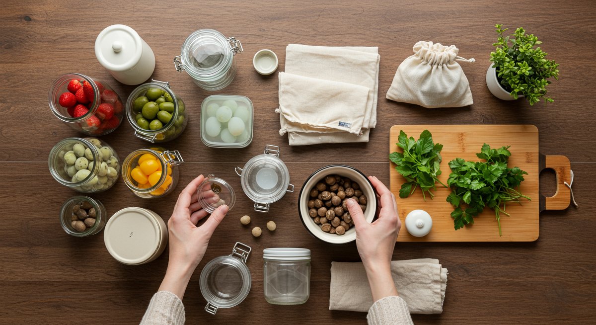 Zero-waste food storage solutions in modern kitchen: reusable glass jars, silicone lids, cloth produce bags, and bamboo cutting board with fresh herbs. Natural lighting emphasizes eco-friendly kitchen containers and sustainable practices.