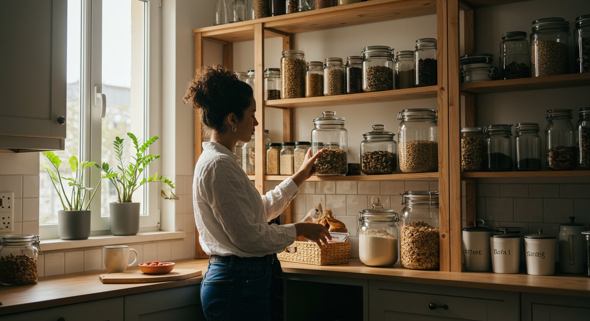 Zero-waste pantry essentials organized in a modern kitchen with glass jars, bulk grains, and dried spices