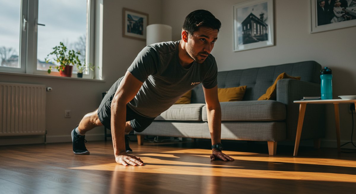 Intermediate male fitness enthusiast doing burpees with motion blur in modern living room, showing high-intensity home workout for metabolism boost