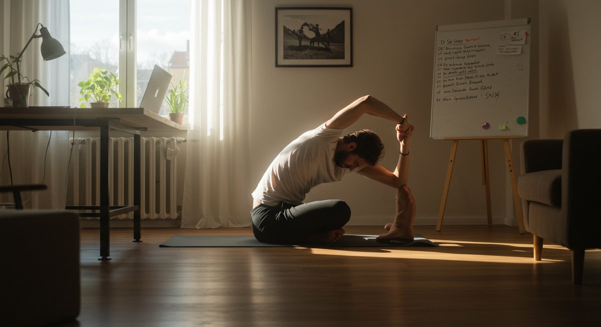 Desk worker practicing yoga for spine flexibility with laptop and yoga mat in modern office setting