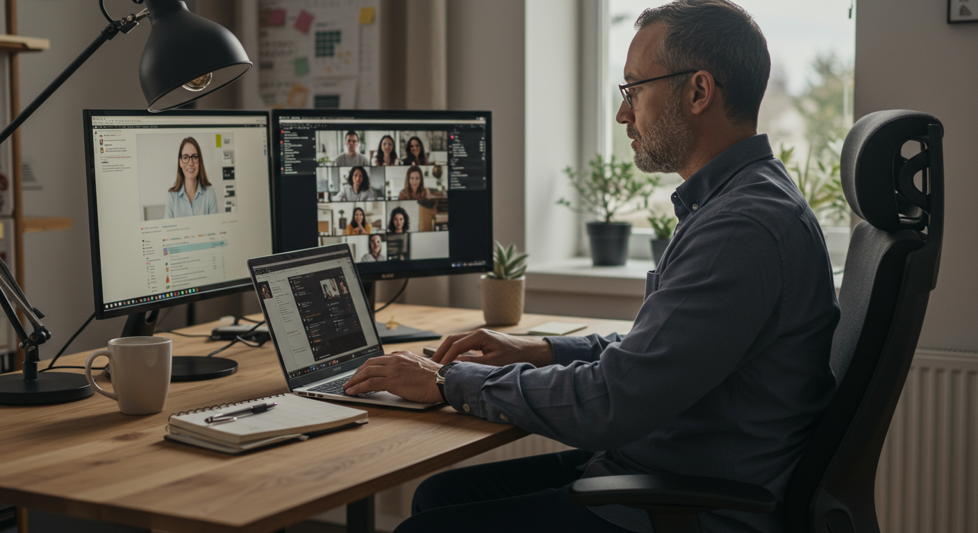 Mid-career professional working remotely in a modern home office, showcasing productivity and well-being.