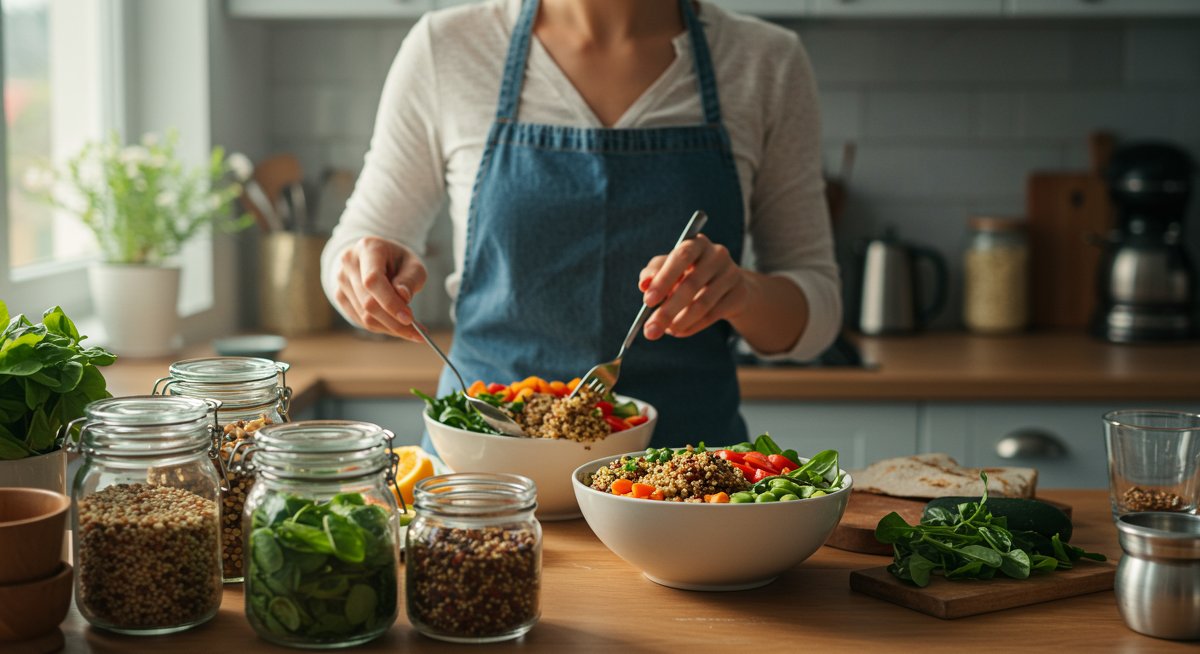 Professional vegan lunch recipe illustration with fresh quinoa, roasted veggies, and healthy ingredients in modern kitchen setting