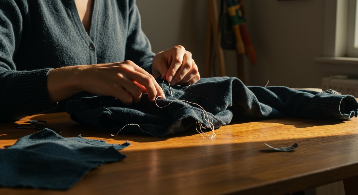 Determined person mending a frayed jacket with needle and thread on a sunlit wooden table, surrounded by upcycled fabric scraps