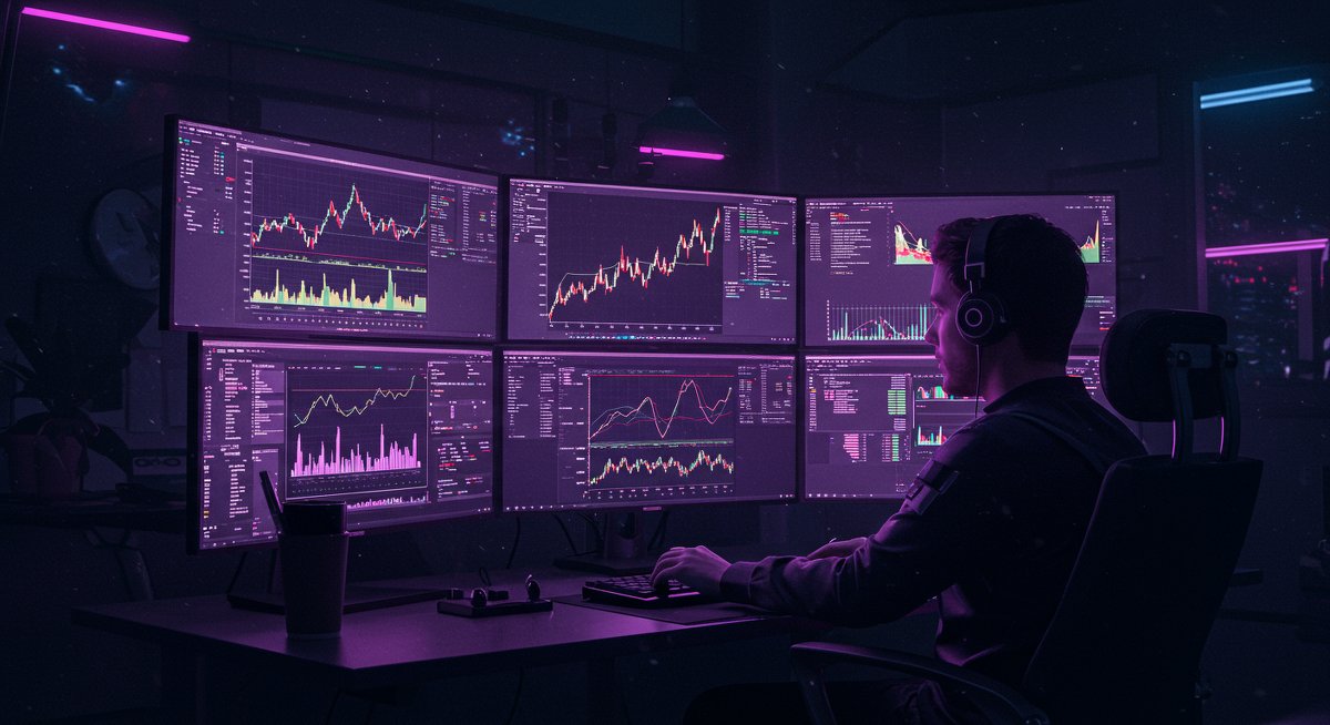 Crypto trader monitoring international markets with glowing screens and RGB lighting in tech-filled workspace