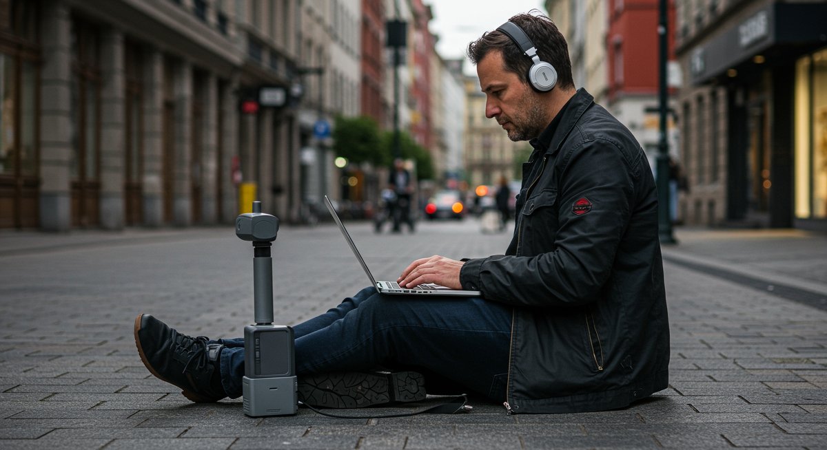 Digital nomad using affordable satellite internet solution while working in a city environment