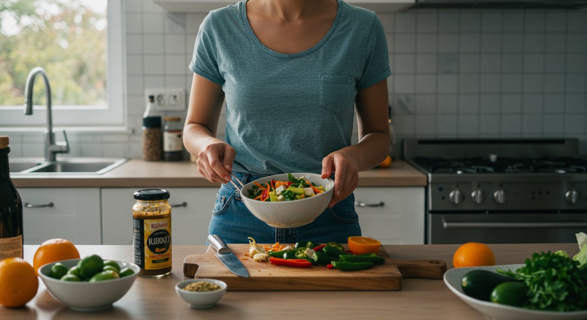 Vegan cooking for beginners: Simple recipe with tofu and vegetables in modern kitchen, clean design showing plant-based ingredients