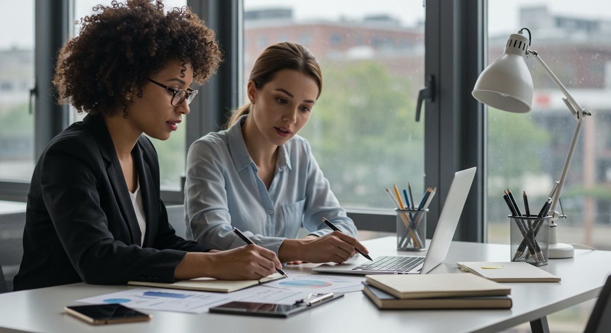 Mid-career professionals working together on career transition strategies in a modern office environment
