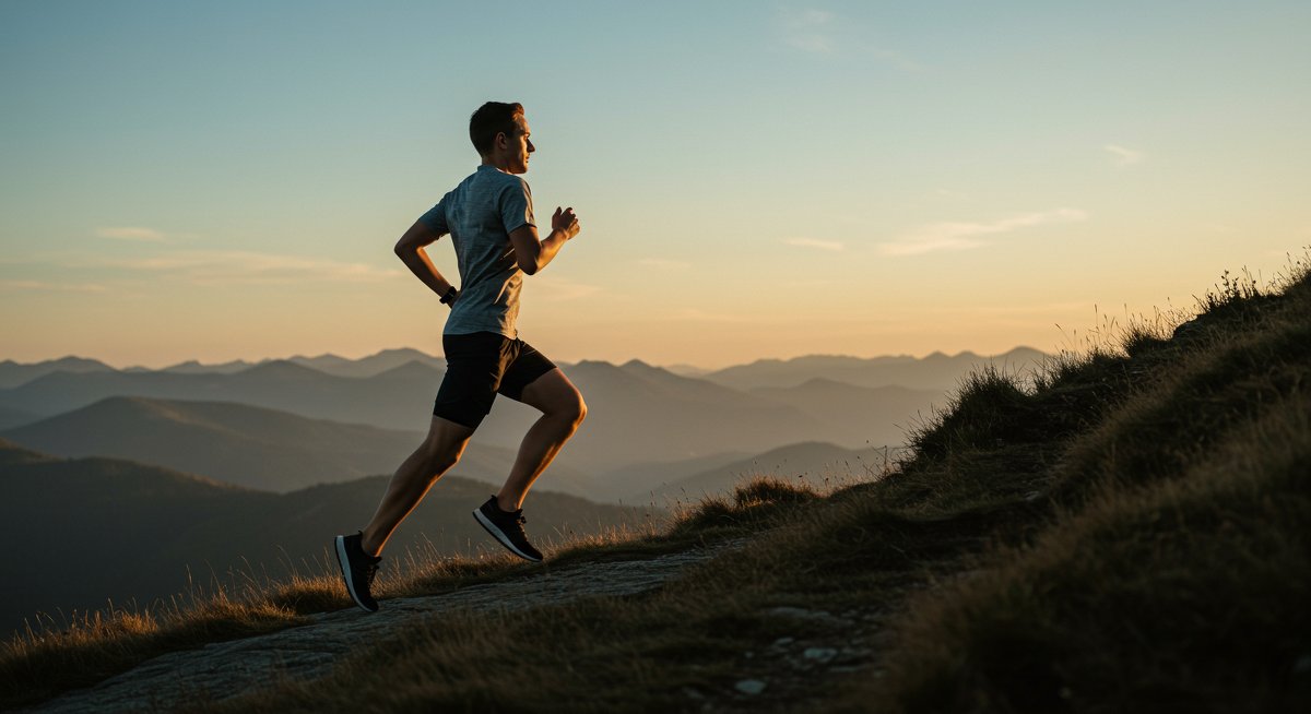 Person running on mountain trail with golden hour lighting