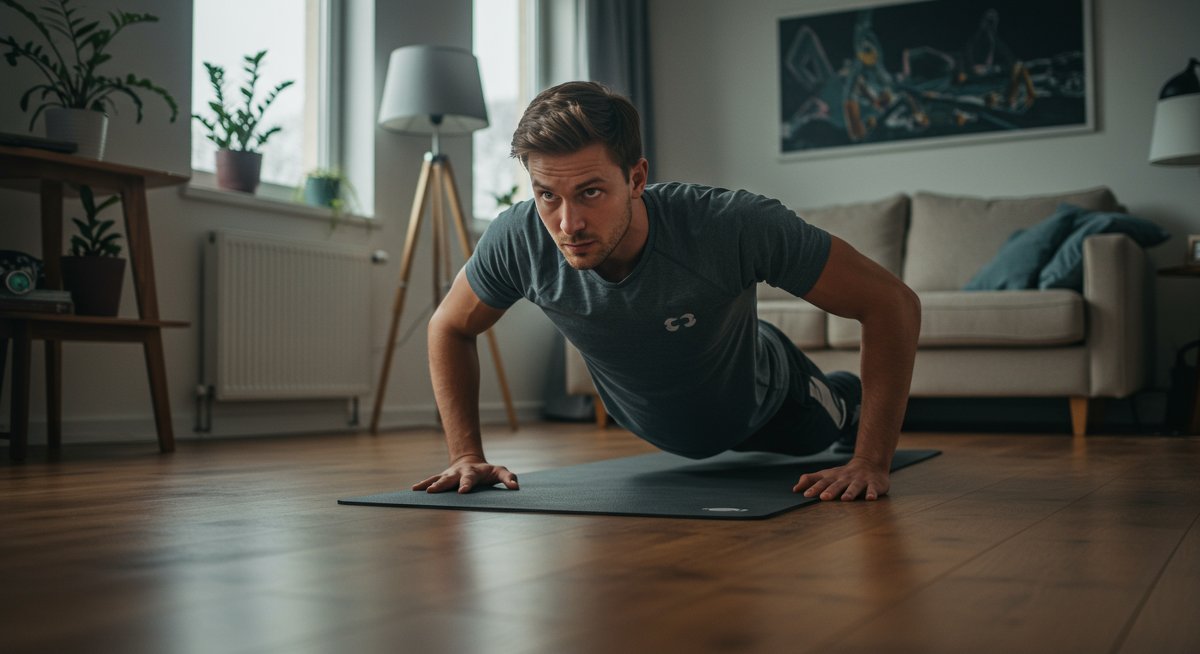 Beginner-friendly home workout showing effective bodyweight exercise with clean modern environment