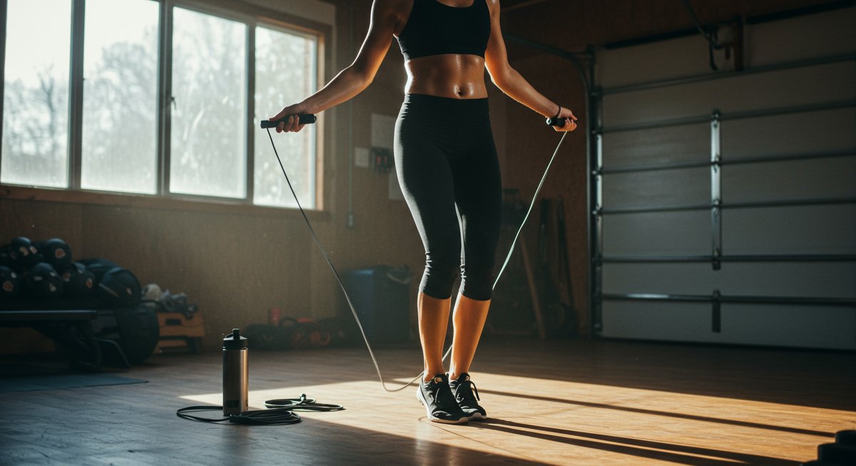 Student doing jump rope workout at home with motivational fitness imagery
