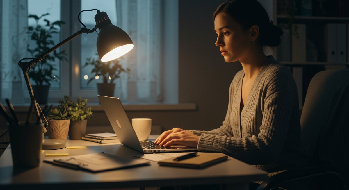 Digital nomad woman reviewing finances on laptop in cozy home office, highlighting cost of living strategies and remote work productivity.
