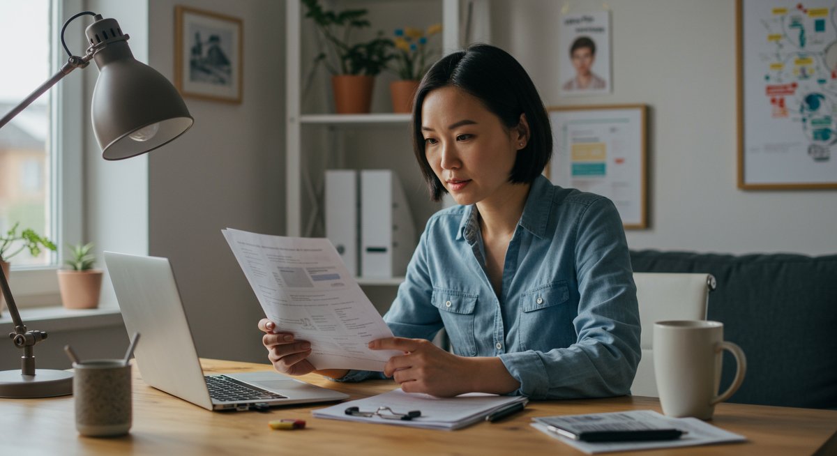 Experienced pet parent researching pet insurance options in modern workspace