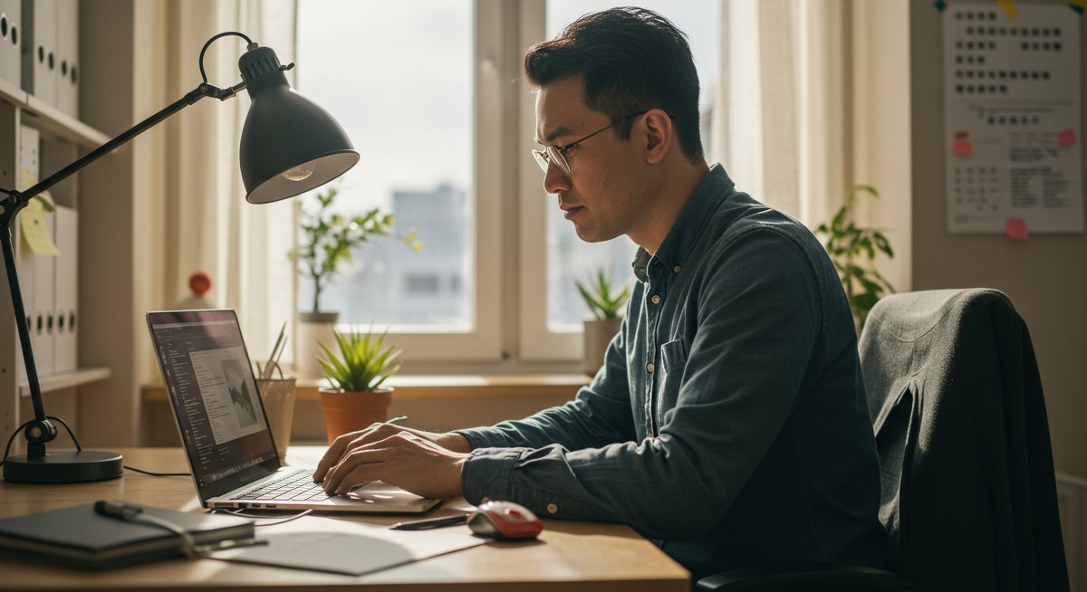 Professional energy management visualization: South Asian man in modern home office using Pomodoro timer for sustainable work focus with ergonomic setup and plant