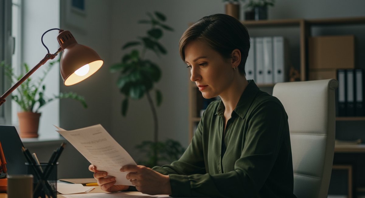 Professional woman in sustainable office environment demonstrating stress management techniques