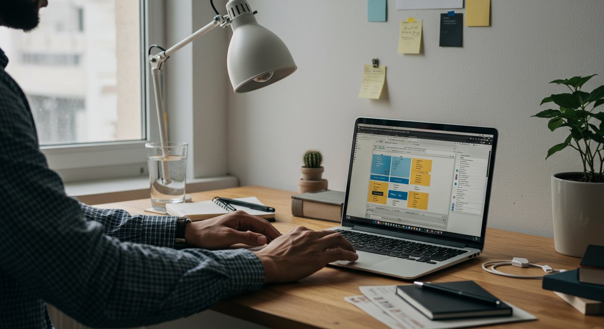 Confident male professional organizing digital workspace in modern home office with clean desktop, labeled folders, and minimalist decor