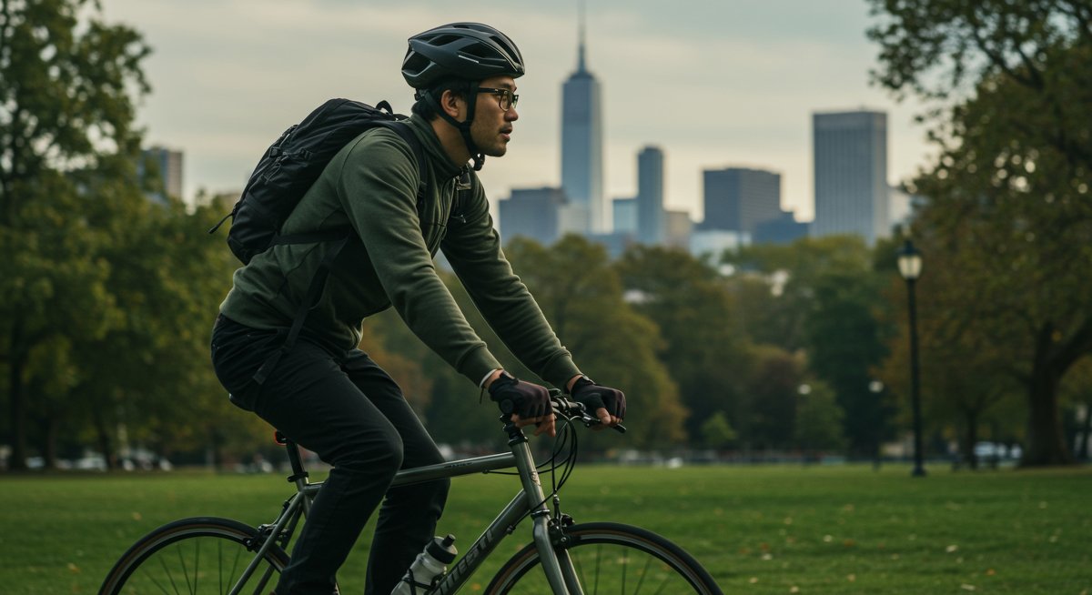 Eco-friendly commuting: Urban-dweller cycling through a park with city skyline, bicycle helmet and gloves, sustainable transportation for greener city