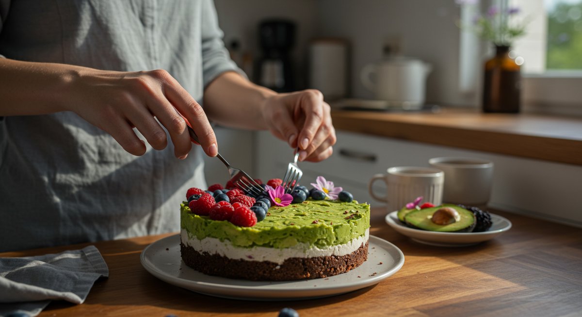 Vegan gluten-free chocolate avocado cake with fresh berry garnish in modern kitchen setting