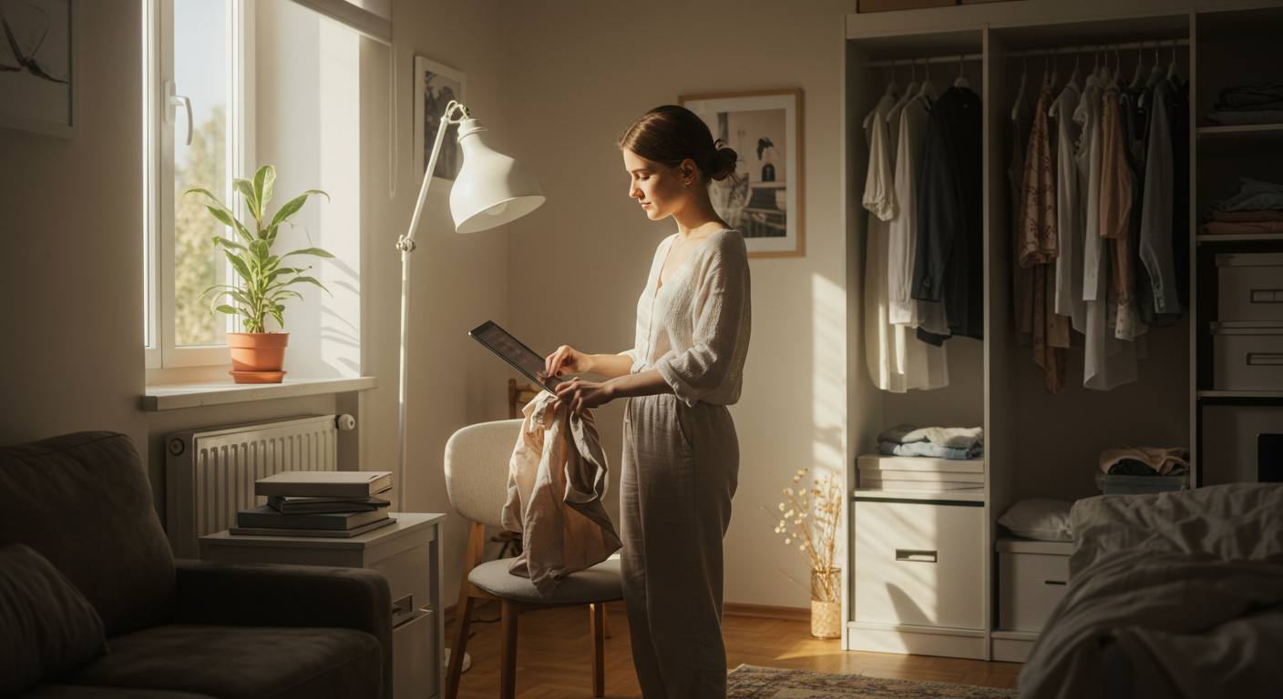 A minimalist bedroom with a person organizing a capsule wardrobe, using a tablet and books for planning, with a warm, inviting atmosphere.