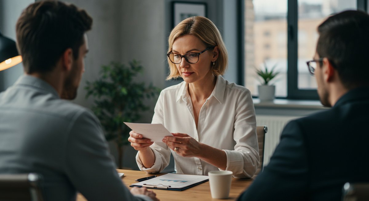 Professional mid-career woman networking in a modern office setting