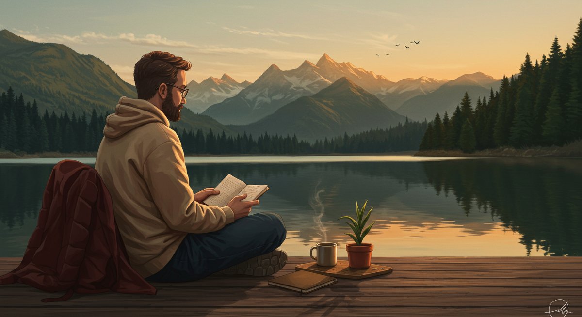 Experienced digital nomad practicing mindfulness in a mountain setting with journal, plant, and tea mug, emphasizing mental wellness and work-life balance.