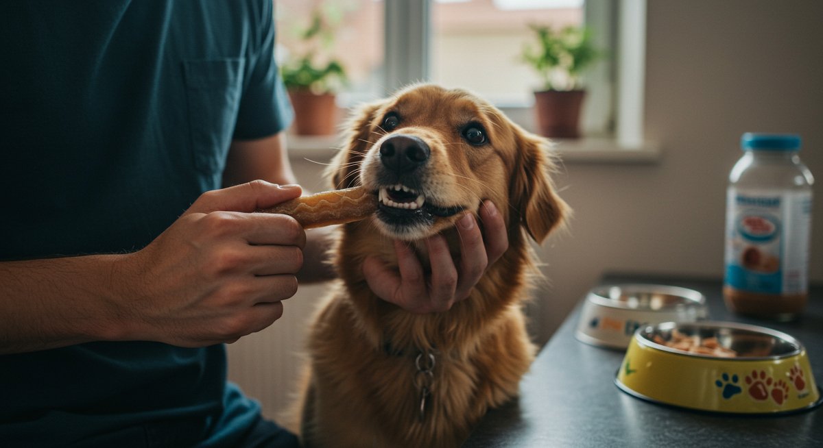 Experienced pet parent using dental chew for dog dental care in a hygienic kitchen environment