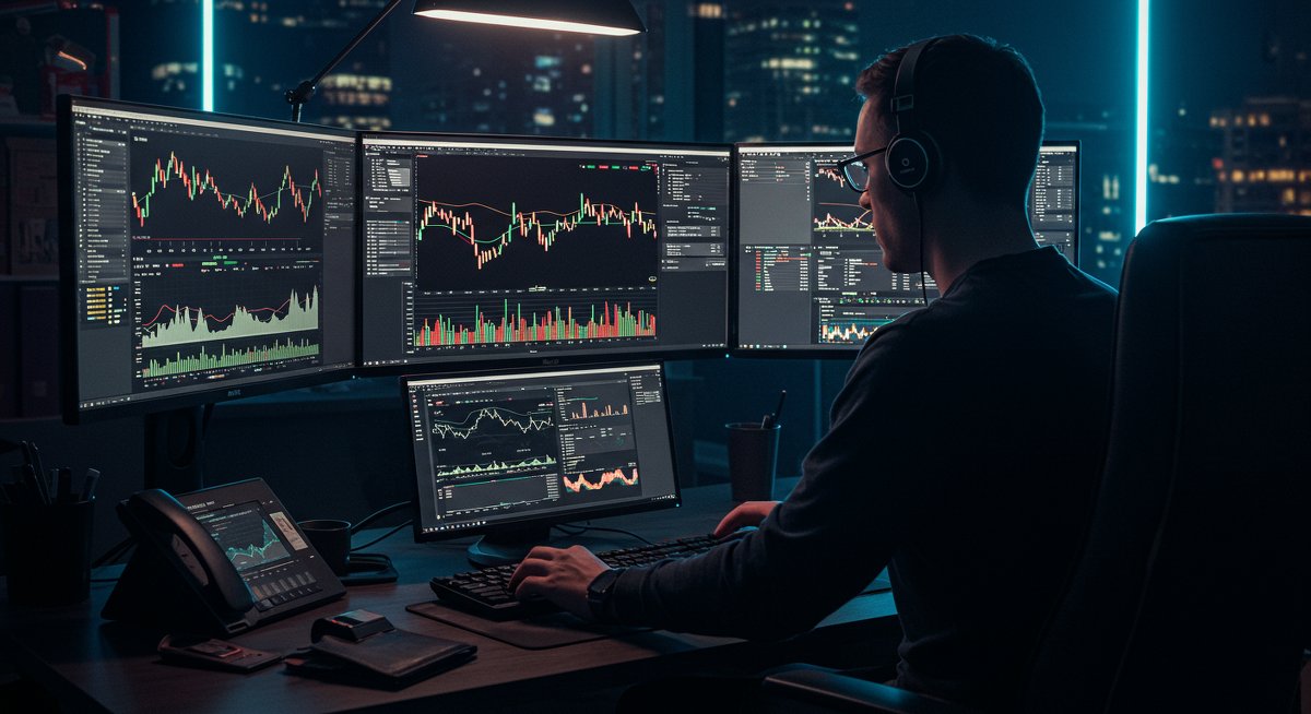 Bitcoin trading strategy analysis with global market data, hardware wallet, and neon-lit crypto workspace