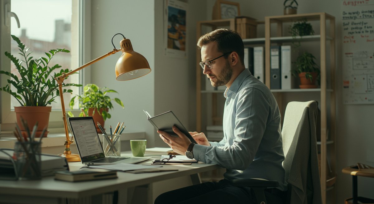 Mid-career professional managing work-life balance with sustainable office setup