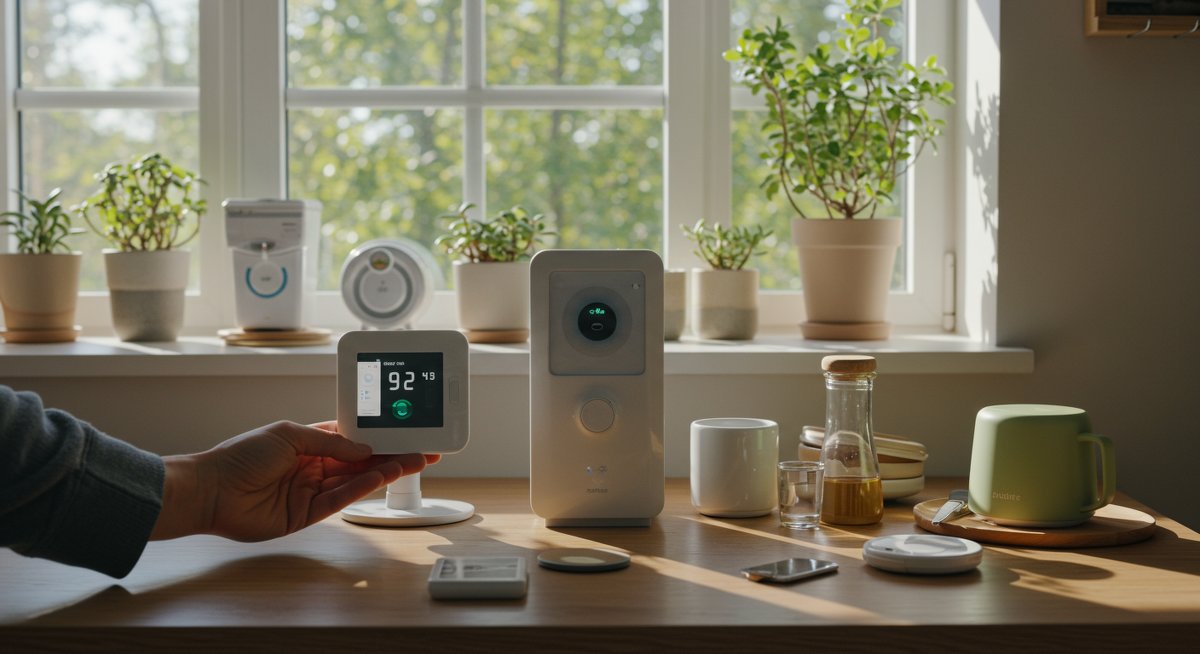 Eco-friendly home tech: smart thermostat, solar air purifier, reusable kitchenware