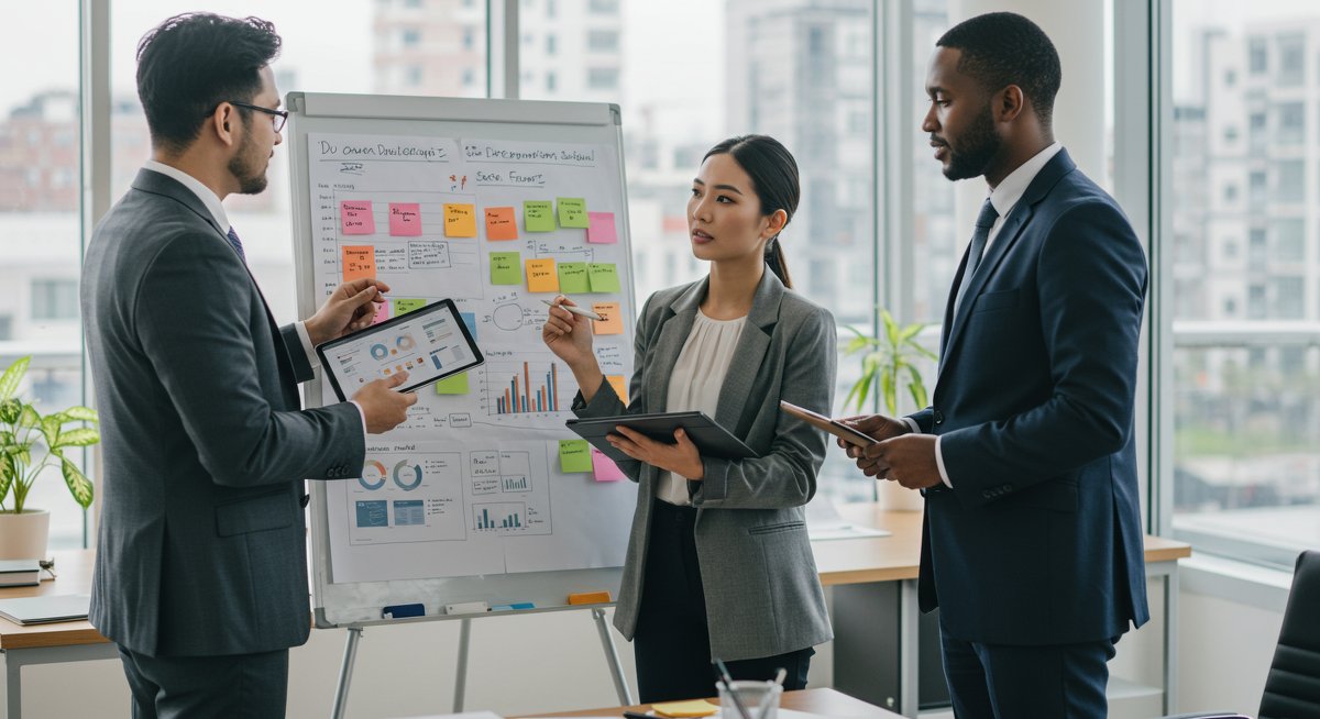 Team collaboration in modern office environment focusing on delegation strategies with whiteboard brainstorming, project management software, and task delegation dashboard