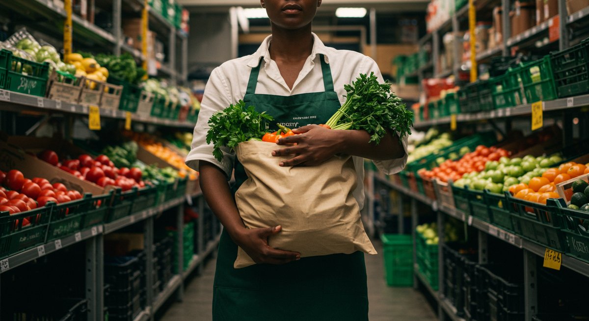 Sustainable food on a budget - eco-conscious shopping with reusable bags and fresh produce at a local market
