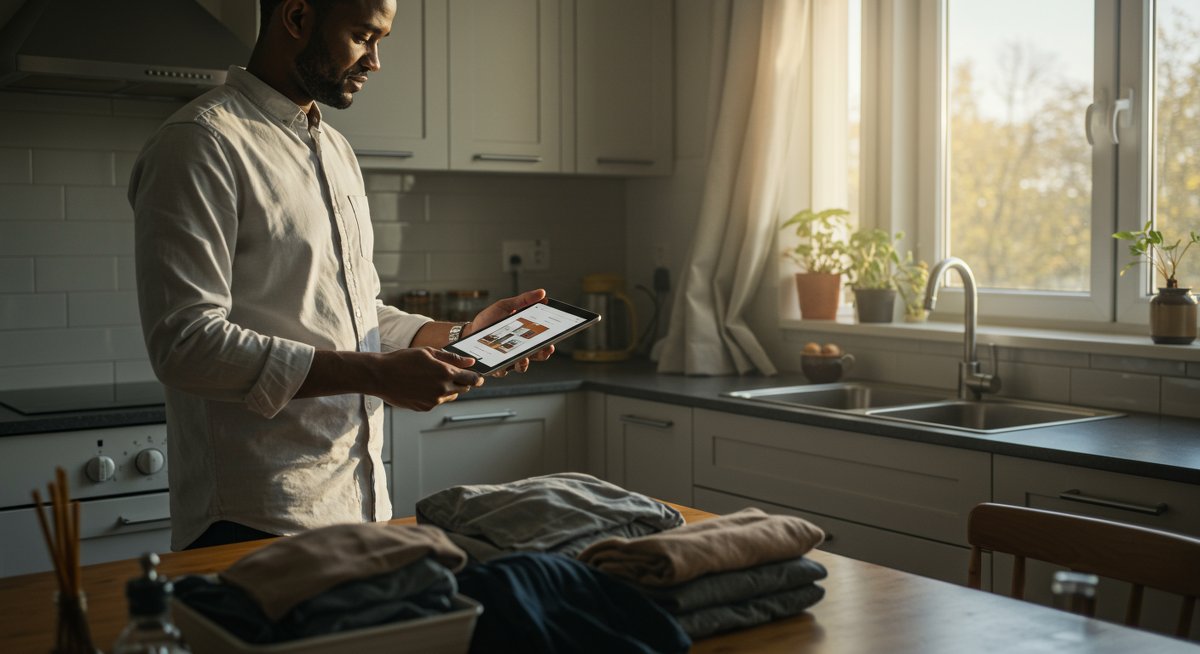 Minimalist decluttering in a modern kitchen: man organizing clothes with tablet, natural light, clean space