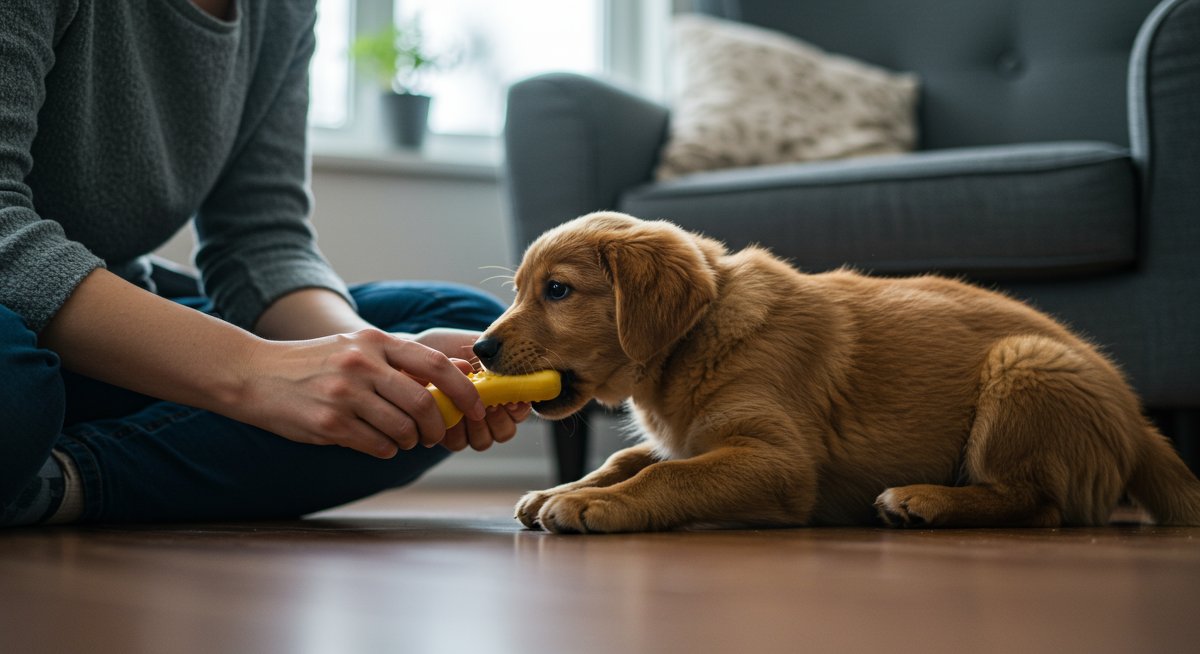Experienced dog owner redirecting puppy's chewing with a chew toy, promoting positive training.