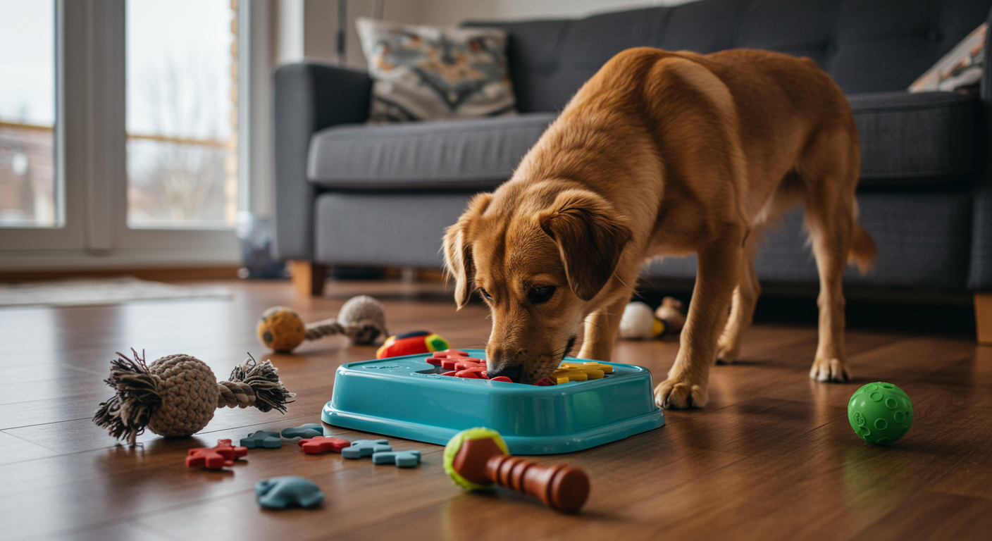 dog enrichment activities: a dog happily using a puzzle feeder in a living room setting, showcasing mental stimulation for dogs.