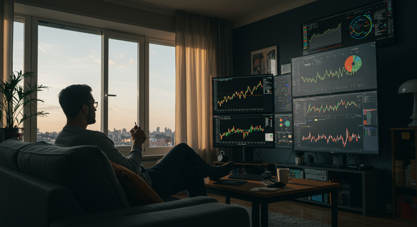 International crypto trader analyzing Bitcoin market trends on multiple devices