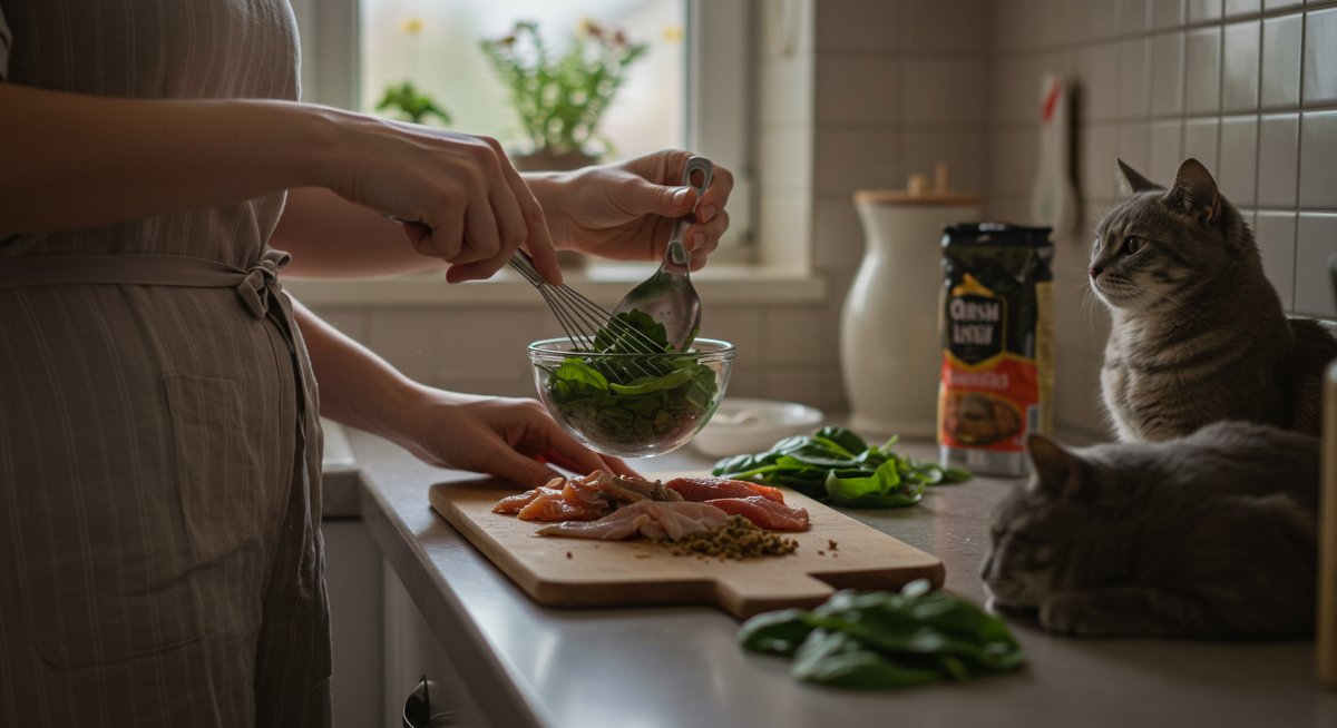 Homemade cat food recipe preparation with fresh ingredients for a shiny coat, showcasing DIY pet nutrition
