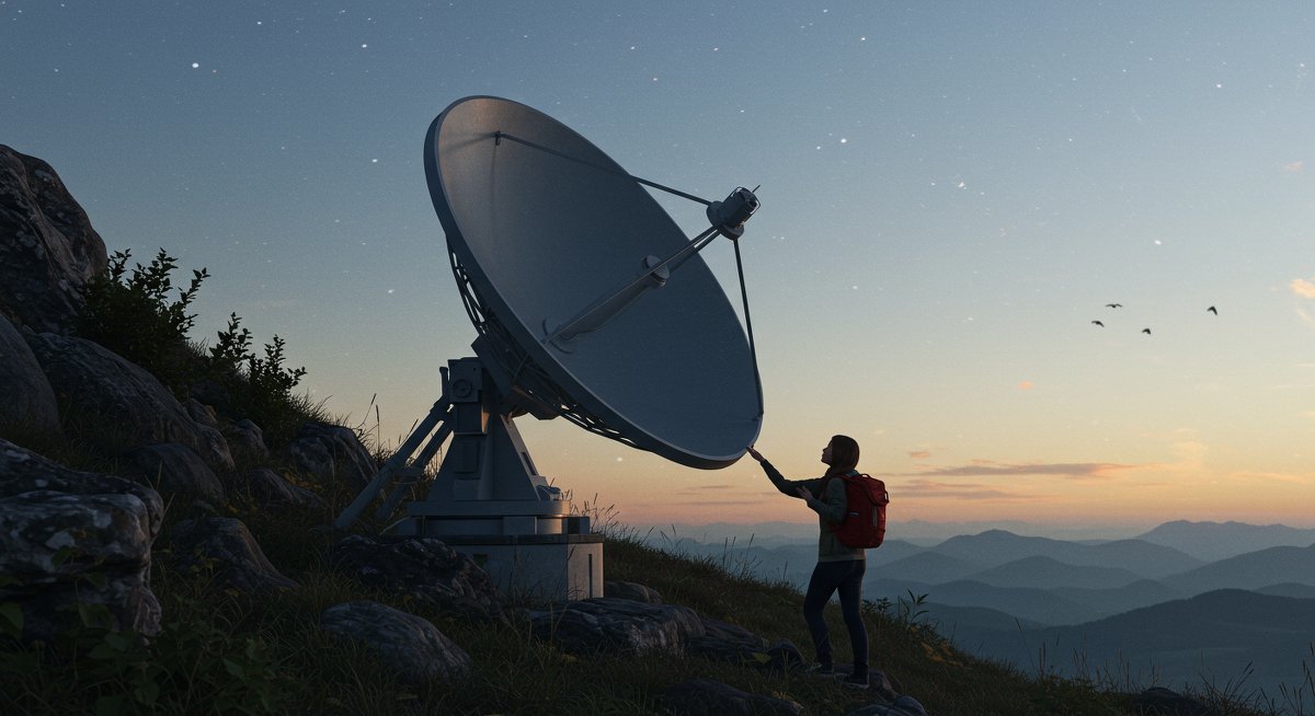 Experienced female digital nomad using satellite internet in a beautiful outdoors area, emphasizing reliable connectivity solutions