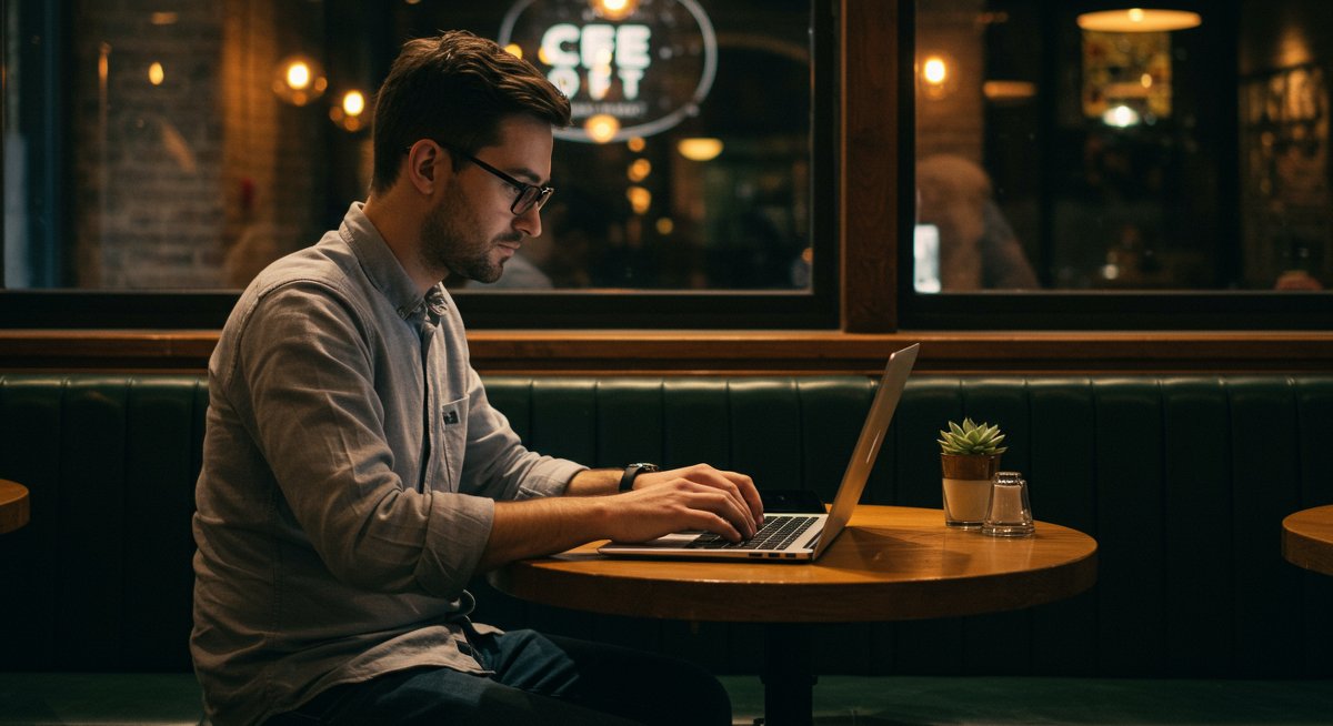 Digital nomad using affordable internet in a café setting with Wi-Fi signal visualization