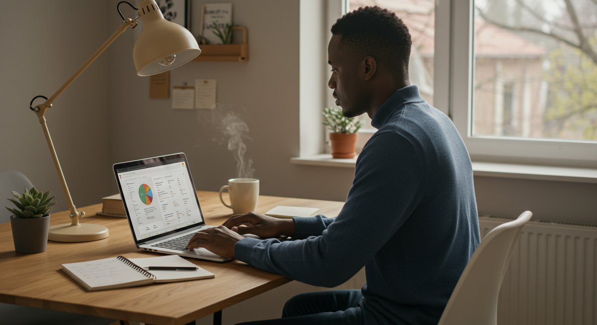 Minimalist finances illustration: A man in a clean workspace focused on budgeting with a laptop and planner