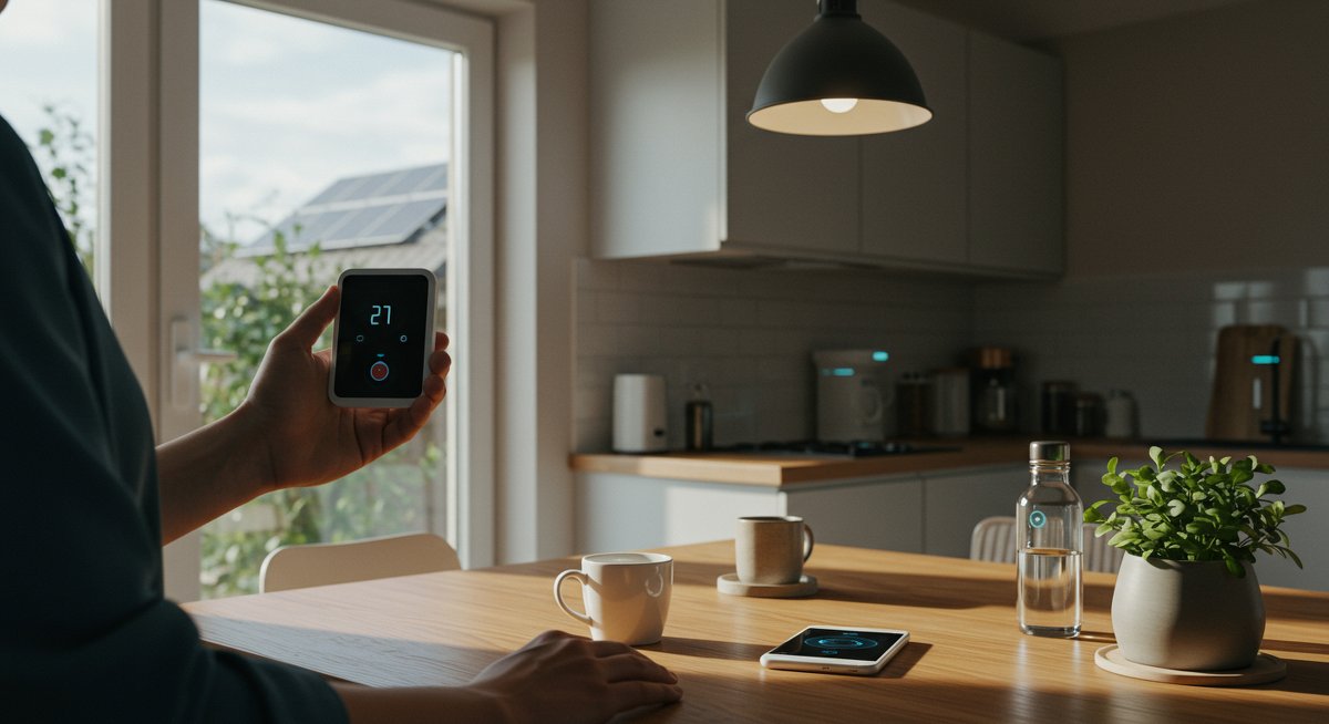 Smart thermostat in modern eco-friendly kitchen with solar panels and compost bin