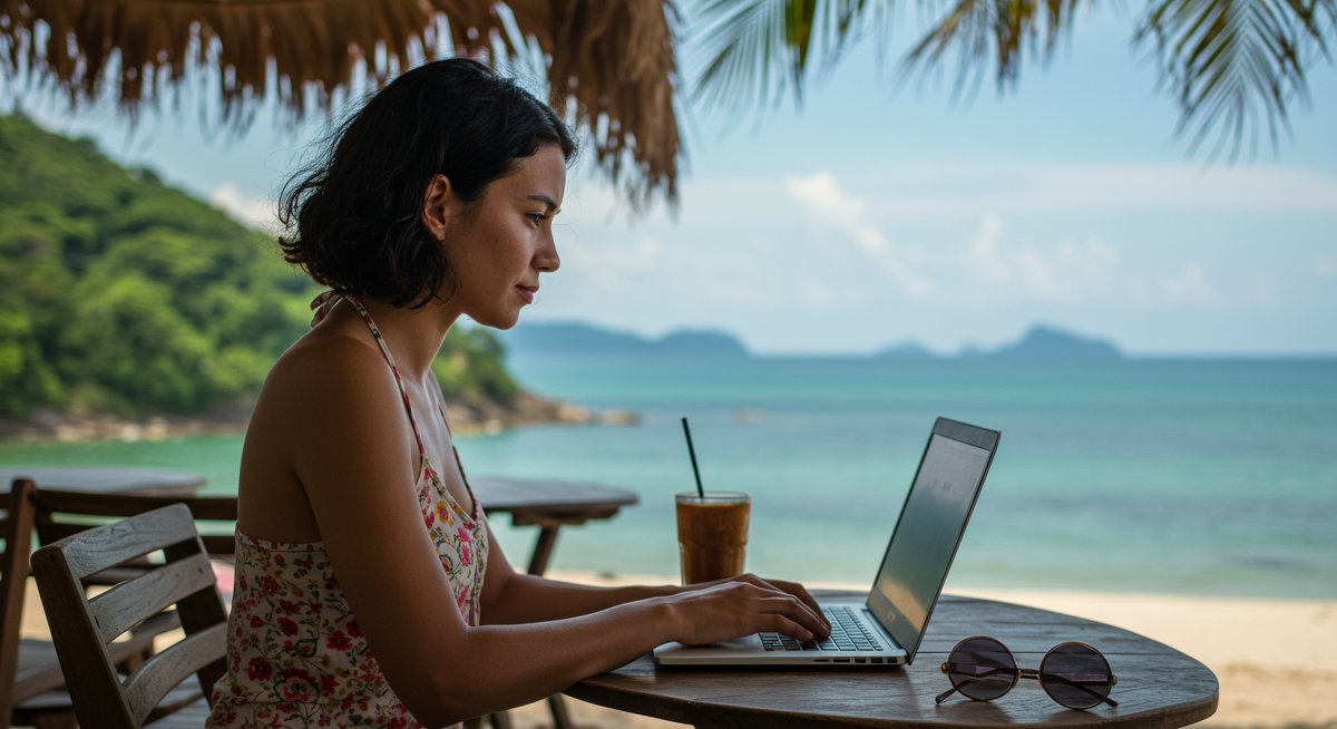 A woman works intently on her laptop at a beachside cafe in a tropical setting, highlighting the importance of staying connected with a mobile hotspot.