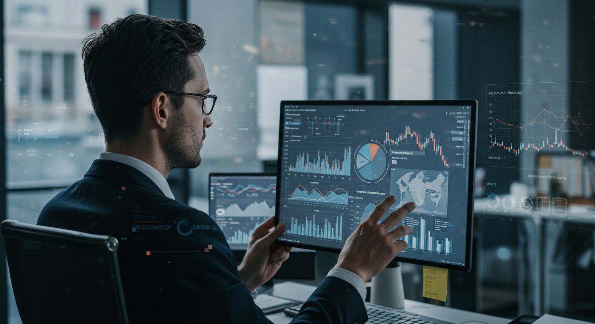 European investor analyzing P2P portfolio diversification strategies with financial charts and regulatory icons in a modern office
