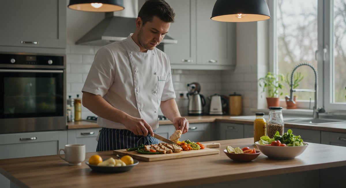 Professional high-protein dinner recipe visualization: grilled chicken, quinoa, and roasted vegetables prepared in a modern kitchen