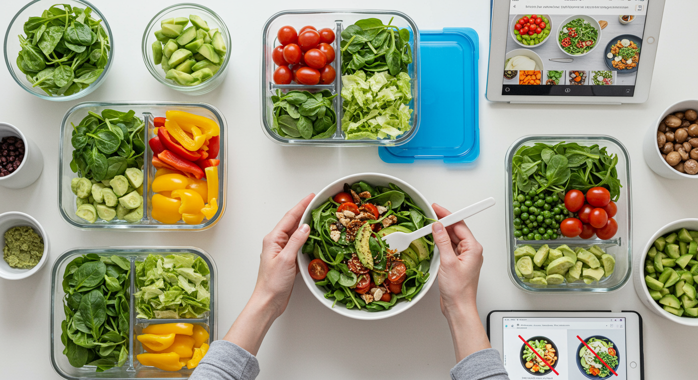 Overhead shot of colorful meal prep containers filled with easy vegan no-cook lunches, perfect for beginners. Featuring fresh vegetables and a digital tablet with a recipe app.
