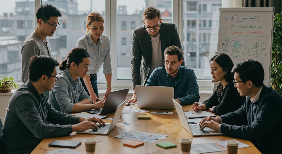Digital nomads building online community through collaboration in modern workspace